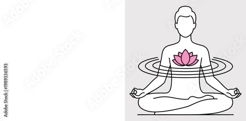 Person meditating in lotus pose with pink lotus flower and water ripples, digital art.