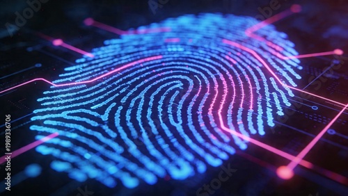 A futuristic fingerprint scan displays vibrant blue and pink lines on a dark digital background with a grid pattern.