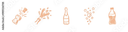 Party and Drink Icons with Champagne Bottle Cork and Bubbles