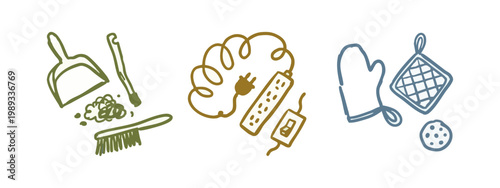 Home Cleaning and Household Utilities Hand Drawn Icon Set