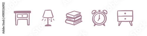 Bedroom Icons: Nightstand, Lamp, Books, Alarm Clock