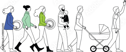 People walking sequence line illustration, modern lifestyle characters with baby stroller, child carrying and casual urban movement, minimal vector set