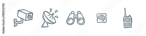 Surveillance and Communication Icons: Camera, Satellite, Binoculars, Brain, Radio