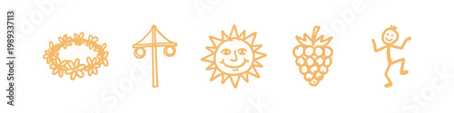 Summer Celebration Icons: Wreath, Maypole, Sun, Berries, Dancer