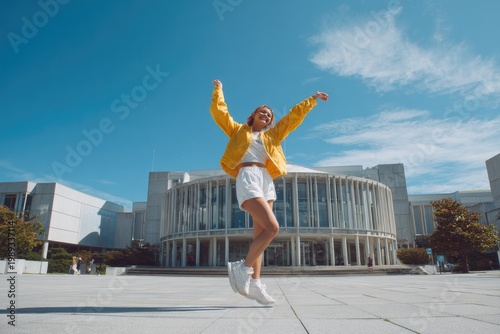Young woman jumping in front of a modern building