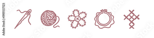Sewing and Crafting Icons: Needle, Yarn, Flower, Hoop, Cross Stitch