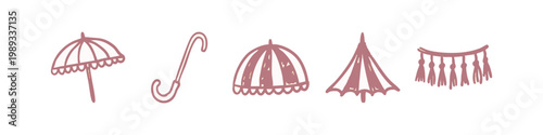 Retro Umbrella and Fan Icons: Parasols, Cane, Tassel Garland