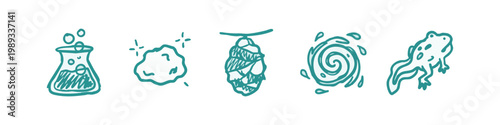 Science and Nature Icons: Beaker, Rock, Pinecone, Swirl, Frog