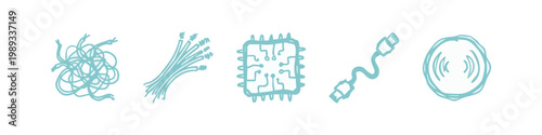 Technology and Connectivity Icons: Wires, Chip, Cable, Signal