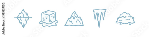 Winter and Ice Icons: Iceberg, Melting Cube, Mountain, Icicle, Snow Pile
