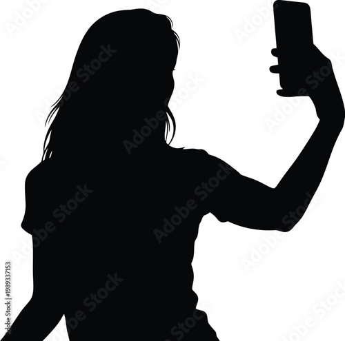 Silhouette of a person taking a selfie with a smartphone isolated on white background, Vector