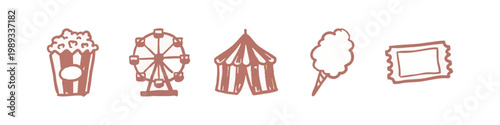 Amusement Park Icons: Popcorn, Ferris Wheel, Circus Tent, Cotton Candy, Ticket