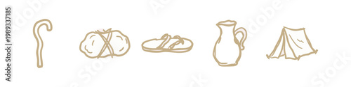 Travel and Nomadic Icons: Staff, Bundle, Sandals, Jug, Tent