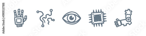 Robotics and AI Icons: Robot Hand, Circuitry, Eye, CPU, Robot Arm