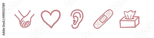 Hand-drawn icons of care, empathy, health, and human connection, featuring hands, heart, ear, bandage, and tissue box.
