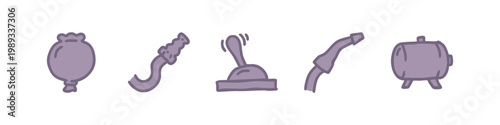 Hand-drawn icons including poppy seed pod, hose, lever, fuel nozzle, and barrel, representing industrial and agricultural themes.