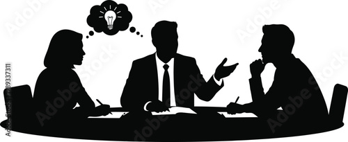 Brainstorming session among business professionals around a conference table isolated on white background, Vector