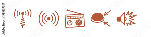 Hand-drawn icons for communication, radio, and audio signals, featuring wifi, radio signals, a radio, a target, and a megaphone.