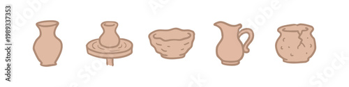 Hand-drawn pottery collection icons: vase, pottery wheel, bowl, pitcher, jug