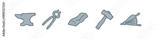 Doodle icons of blacksmith tools: anvil, tongs, metal, hammer, bellows