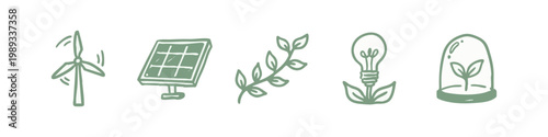 Doodle icons of renewable energy and nature: wind turbine, solar panel, plant, lightbulb, sprout