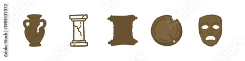 Ancient artifacts icons: amphora, column, scroll, mask, pottery shard
