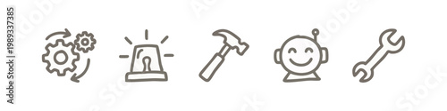 Doodle icons of tools and technology: gears, siren, hammer, robot, wrench