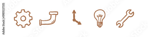 Tools and Industry Icons: Gear, Pipe, Clock Hands, Lightbulb, Wrench
