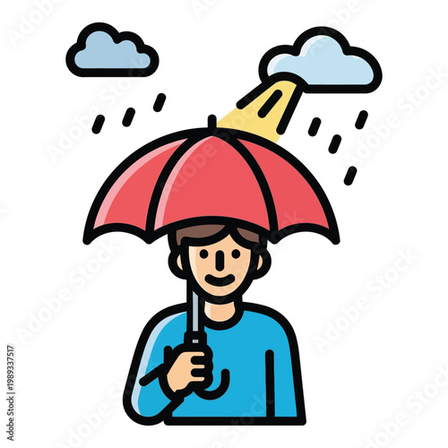 Person holding red umbrella in rain, protection from weather.
