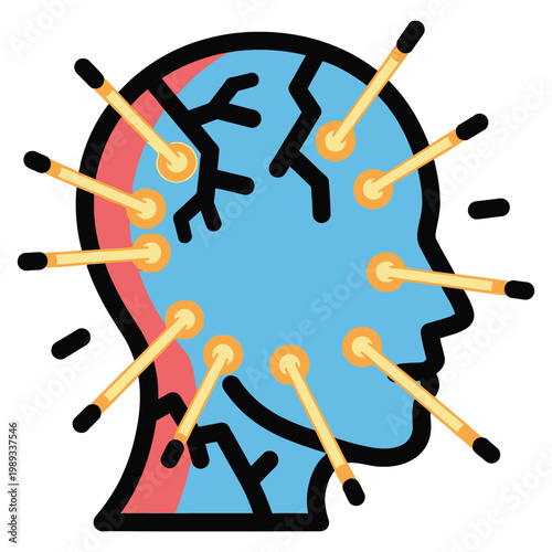 Head with needles, concept of pain, acupuncture, and therapy.