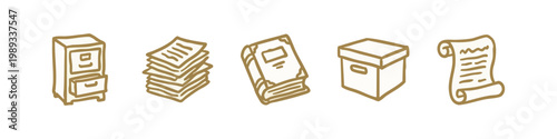 Document and Archive Icons: Filing Cabinet, Stack of Papers, Book, Box, Scroll