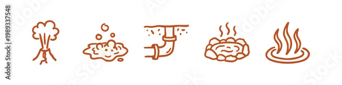 Geothermal and Heat Icons: Volcano, Bubbles, Pipe, Hot Springs, Fire