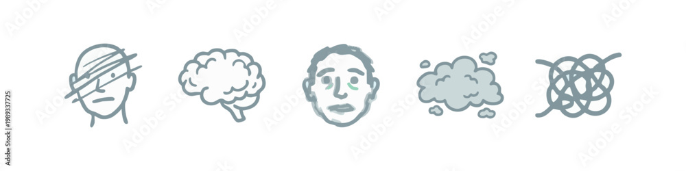 Fototapeta premium Brain, emotions, and confusion icon set