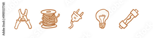 Doodle Icons: Pliers, Wire Spool, Plug, Lightbulb, Fuse