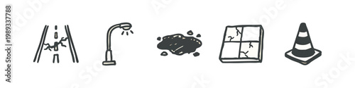 Doodle Icons: Cracked Road, Streetlight, Puddle, Cracked Window, Traffic Cone