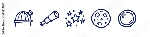 Astronomy and Space Exploration Icons: Observatory, Telescope, Stars, Moon