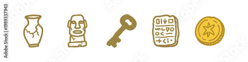 Archaeology and Treasure Icons: Vase, Statue, Key, Tablet, Coin