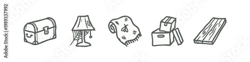 Storage and Household Icons: Chest, Lamp, Blanket, Boxes, Wood