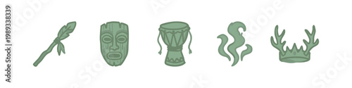 Set of 5 simple hand-drawn icons related to tribal and ancient culture, on white background