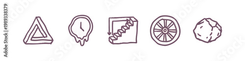 Drawn icons of optical illusion, melting clock, stairs, wheel, and rock