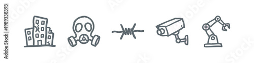 Icons for city, gas mask, barbed wire, camera, and robot arm