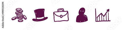 Hand-drawn icons for finance: coins, hat, briefcase, thief, and graph