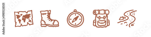 Set of 5 Hand-Drawn Travel and Hiking Icons in Brown - World Map, Boot, Compass, Backpack, and Winding Path