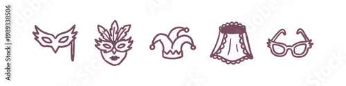 Set of 5 Hand-Drawn Fashion and Costume Icons in Purple - Masquerade Mask, Jester Hat, Veil, and Sunglasses