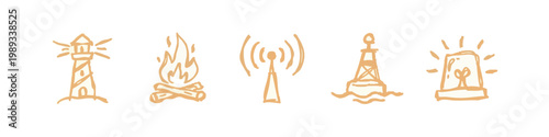 Set of 5 Hand-Drawn Signal and Beacon Icons in Orange - Lighthouse, Campfire, Radio Tower, Buoy, and Siren