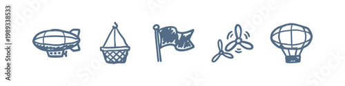 Set of 5 Hand-Drawn Aviation and Flight Icons in Blue - Blimp, Basket, Flag, Propeller, and Hot Air Balloon