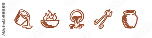 Set of 5 Hand-Drawn Craft and Foundry Icons in Brown - Molten Pour, Fire Bowl, Spill, Tongs, and Pottery Jar