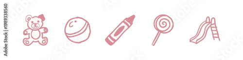 Set of 5 Hand-Drawn Childhood Toy Icons in Pink - Teddy Bear, Ball, Crayon, Lollipop, and Playground Slide