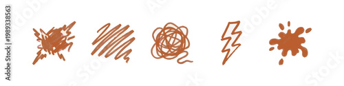 Set of 5 Hand-Drawn Abstract Messy Icons in Rust - Explosion, Scribble, Tangle, Lightning, and Splatter
