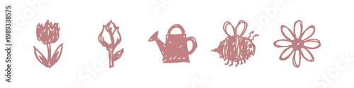 Set of 5 Hand-Drawn Garden and Floral Icons in Rose Pink - Tulip, Bud, Watering Can, Bee, and Daisy